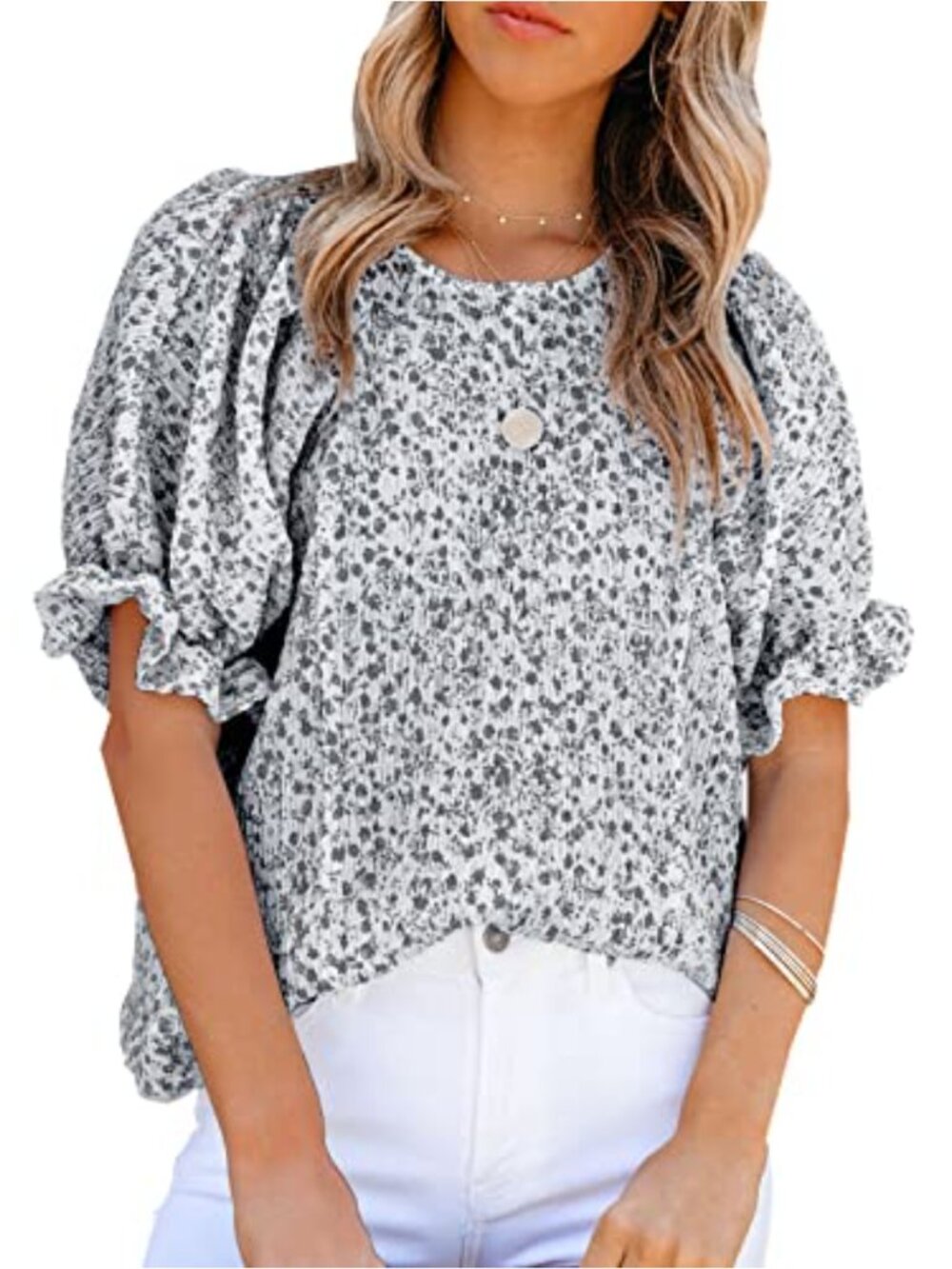 Womens Floral Babydoll Blouse Puff Sleeve Summer Top